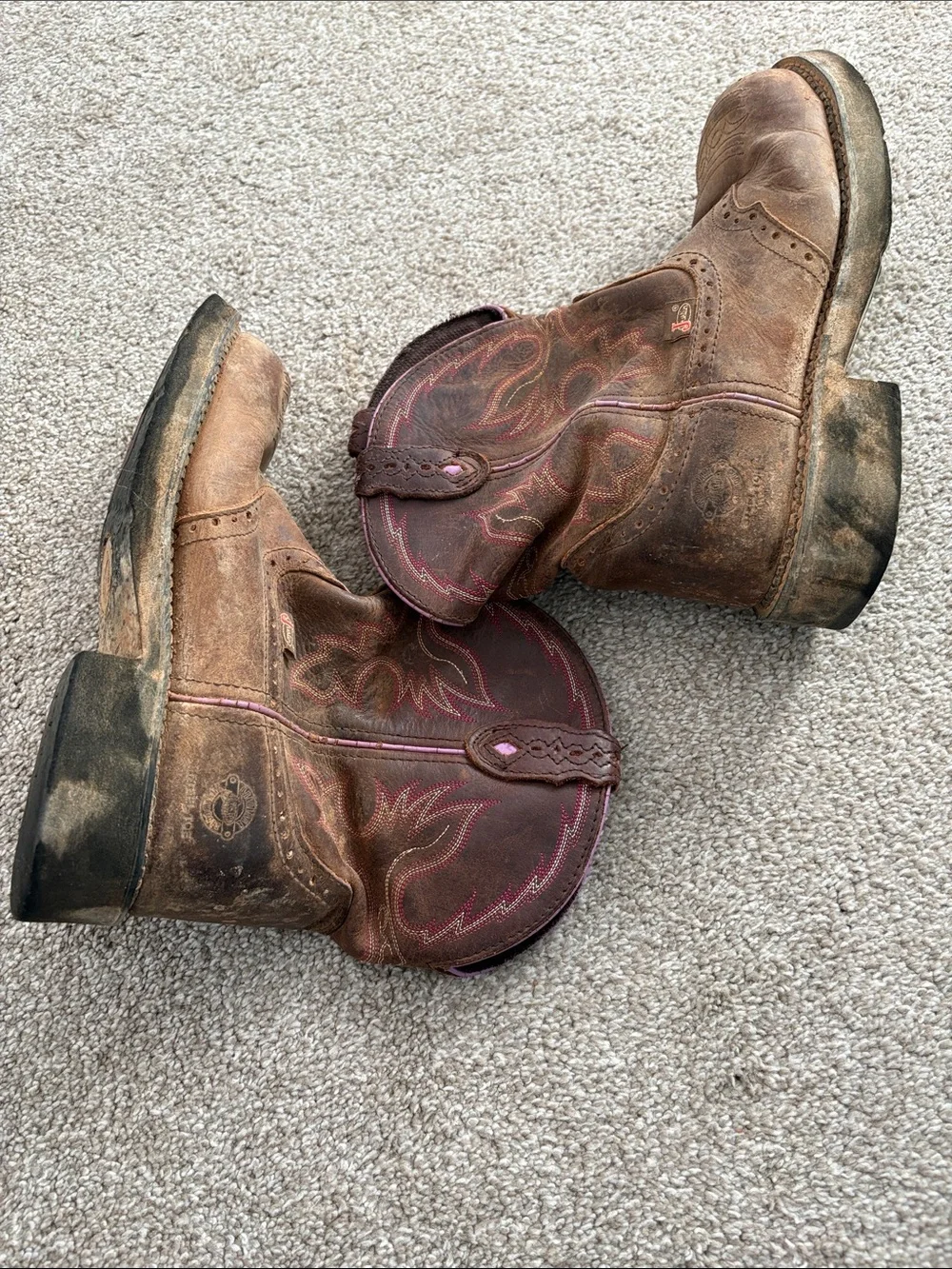 Justin Brown Leather Western‎ Work Boots Pink Stitching Cowgirl 9B WKL9980